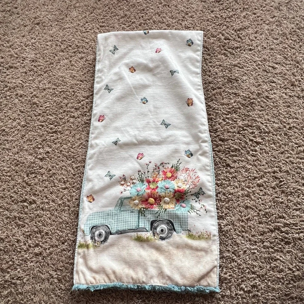 Vintage Style Floral Truck Table Runner Teal Gingham Butterfly Spring Decor 70